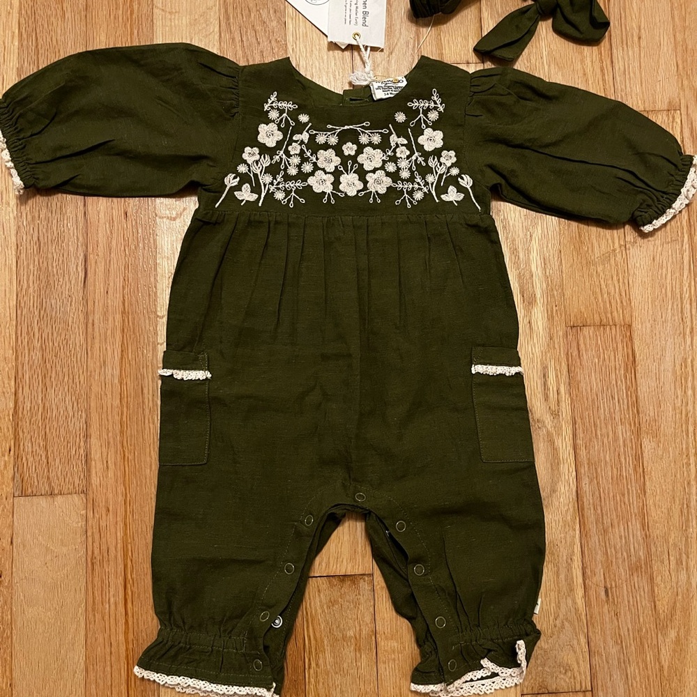 NWT Olive Green Embroidered Baby One-Piece Romper 3-6 month